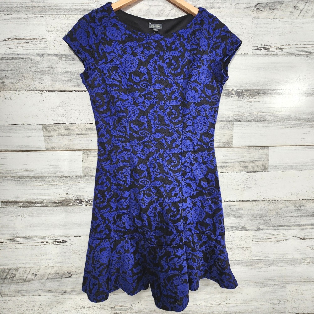 Lily Rose Fit & Flare Dress Women Medium Blue Black Textured Damask NWT